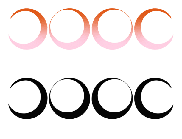 Cooc mark as four overlapping crescents, in gradient and in solid black