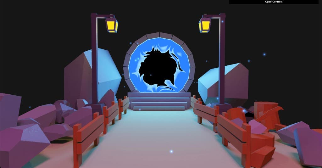 The Main Gates — low-poly stone portal with particle glow and Open Controls