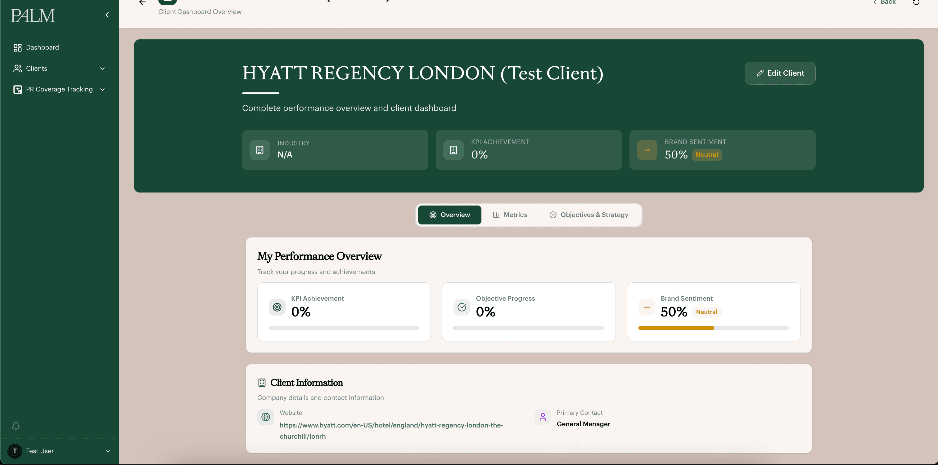 Hyatt Regency London test-client overview with performance and contact cards