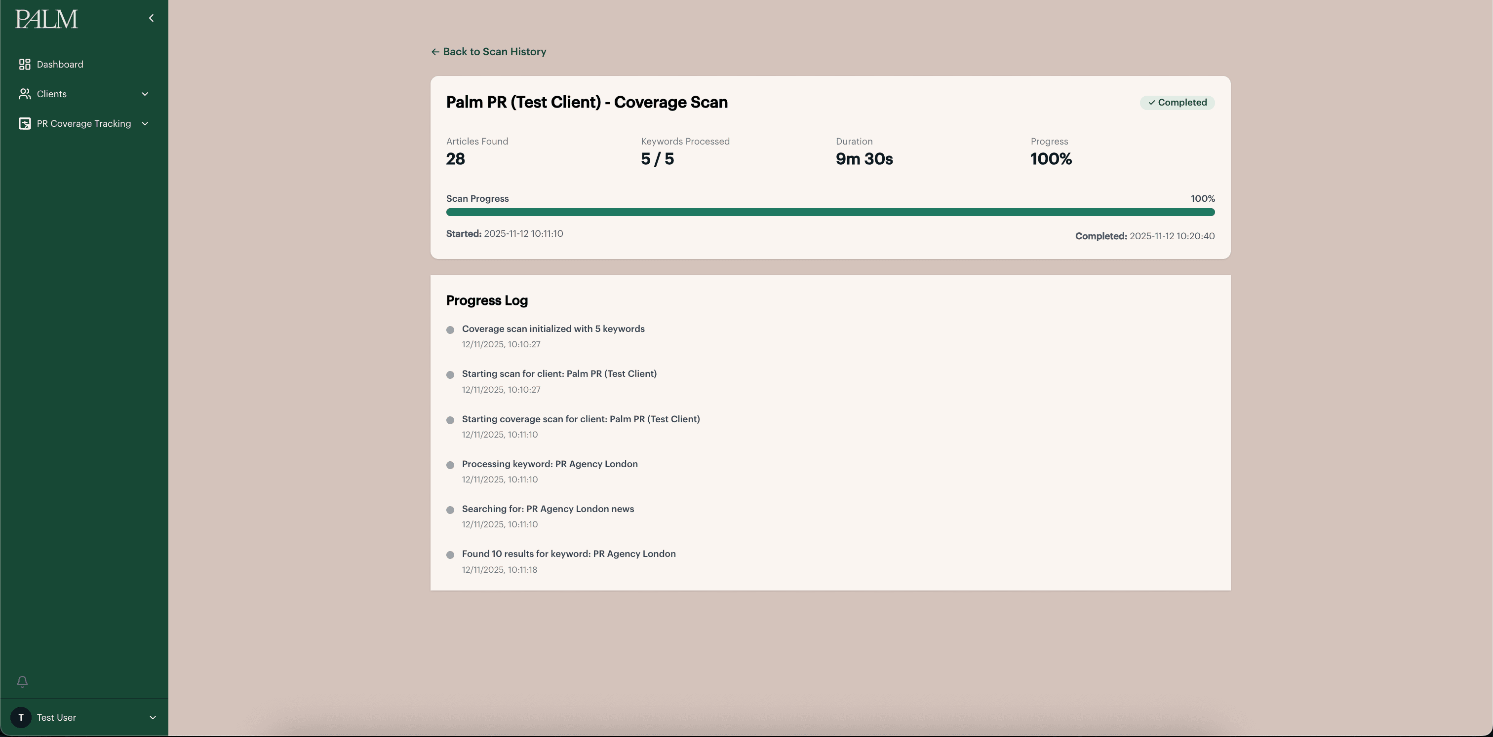 Completed coverage scan report with article count, keywords processed and progress log