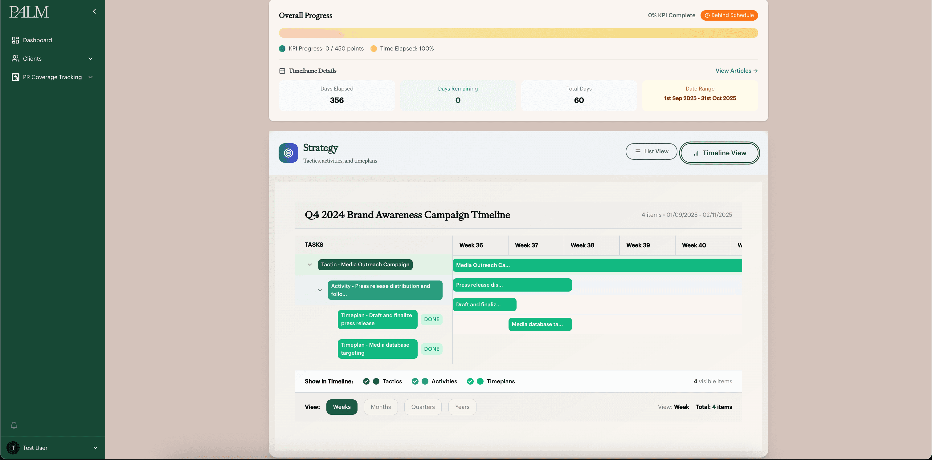 Campaign timeline showing tactics, activities and timeplans across weeks