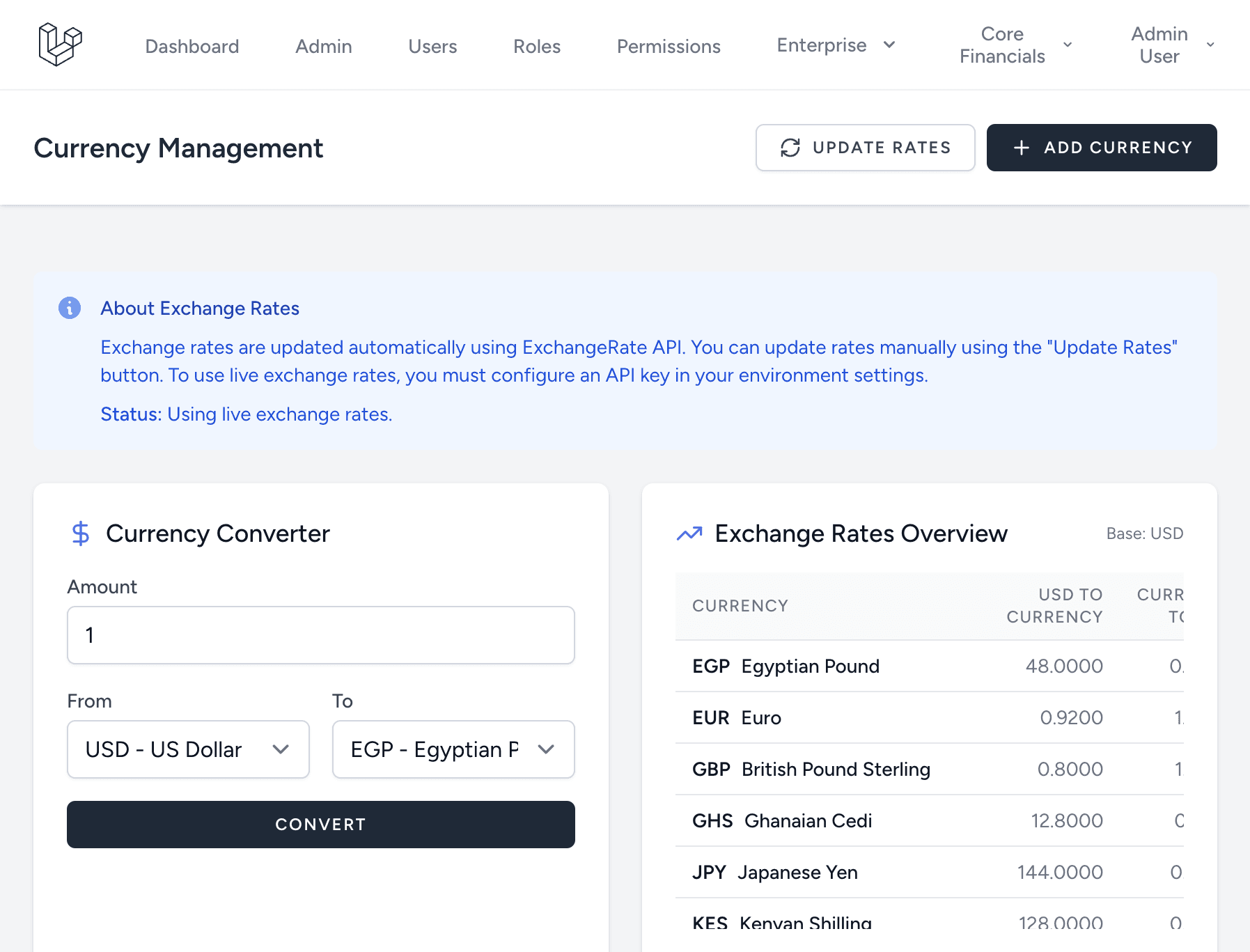 Currency management with a converter and an exchange-rate table against USD