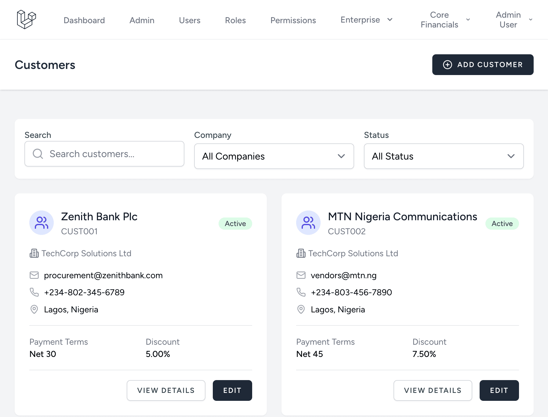 Customer cards for Zenith Bank and MTN Nigeria on the TechCorp test company